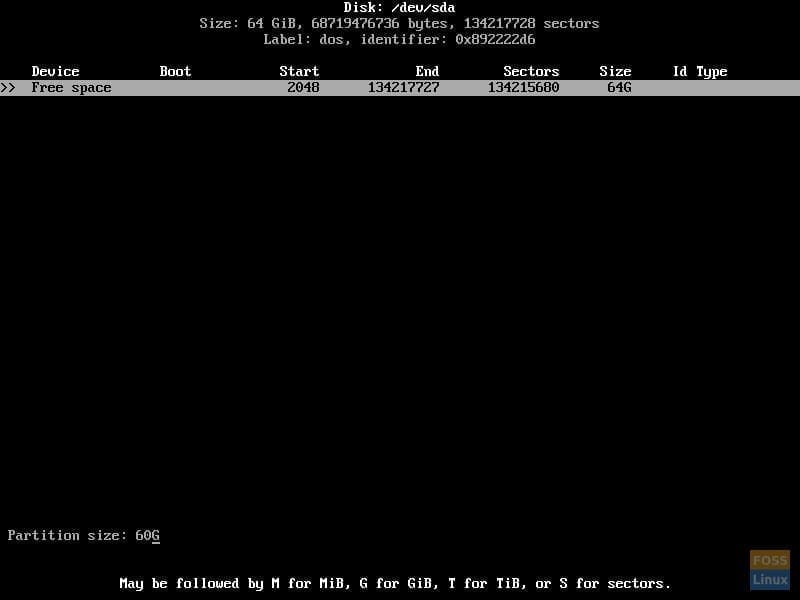 Entering the partition size