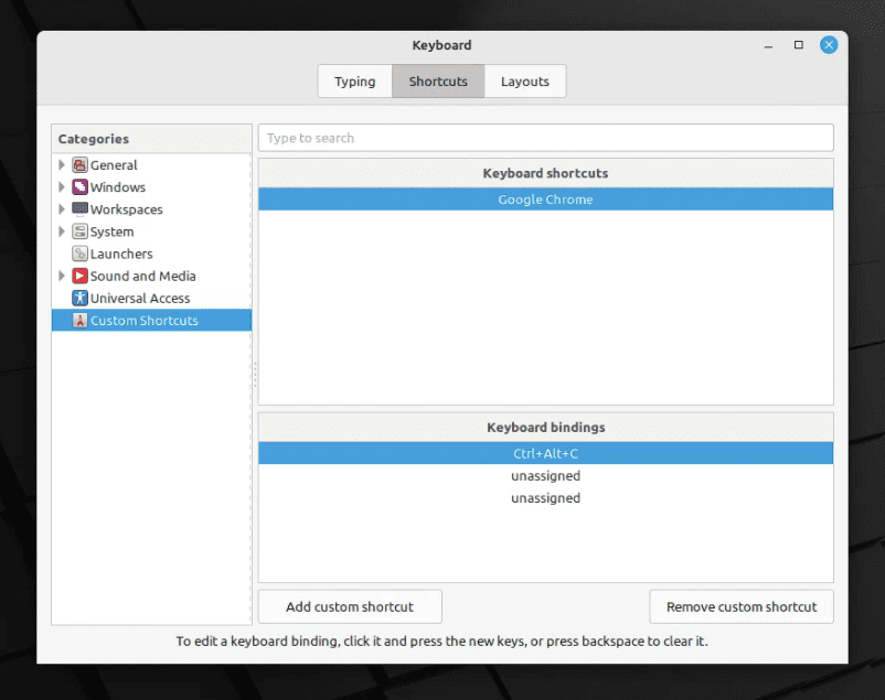 adding custom keyboard shortcut in linux mint cinnamon edition