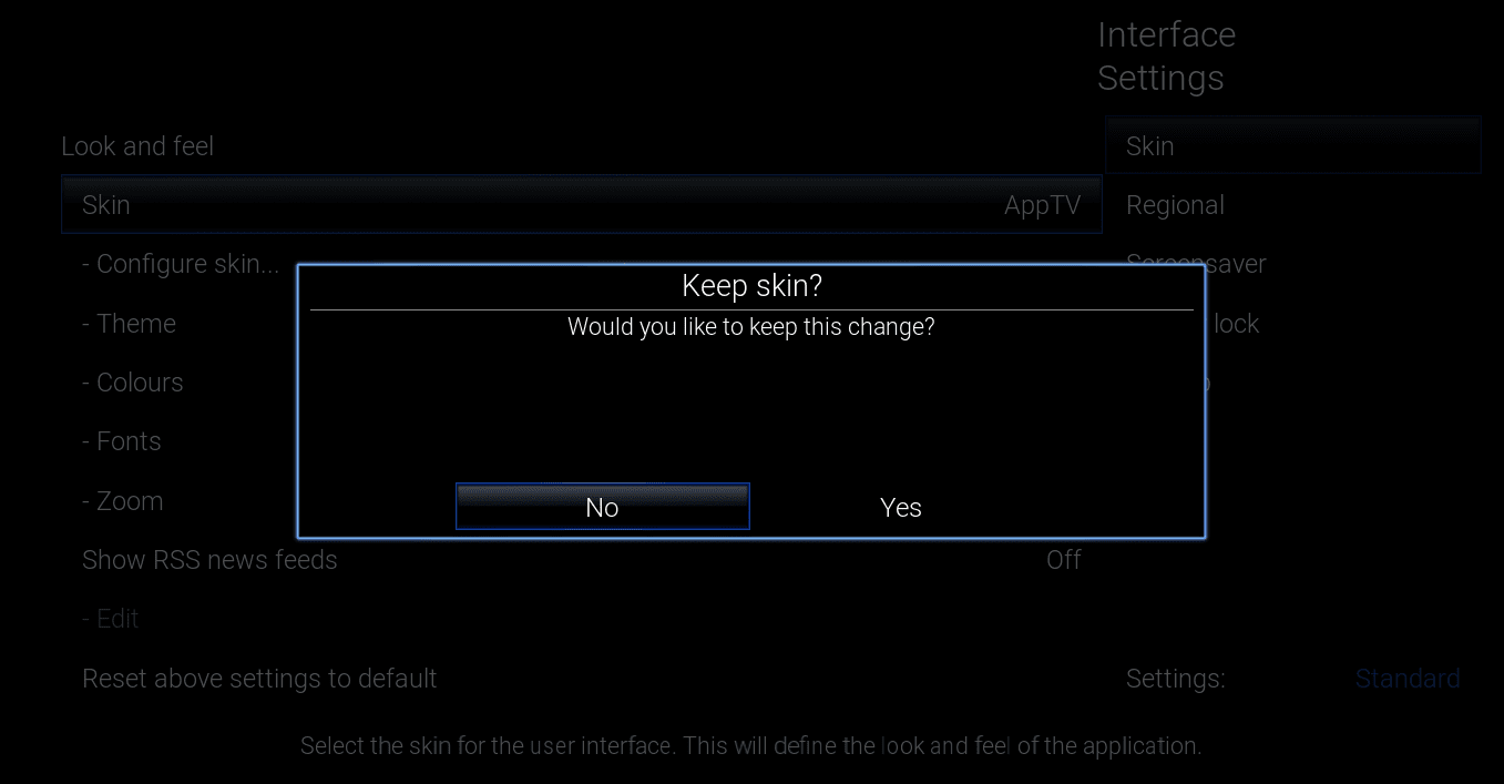 click yes to apply kodi skin