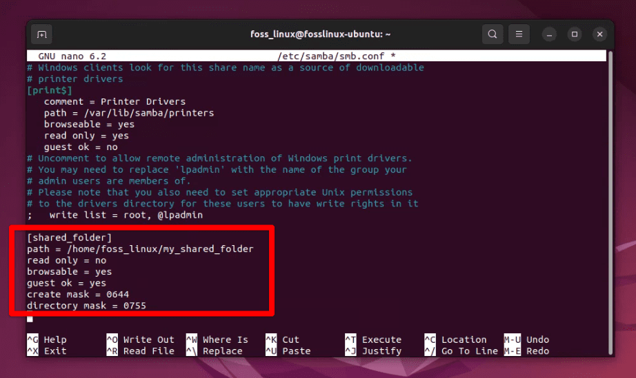 editing the samba configuration file