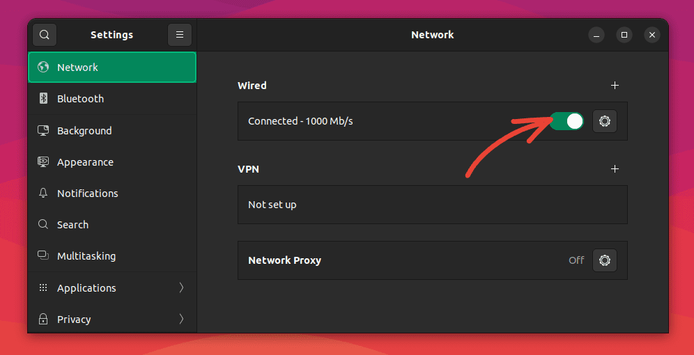 toggle the switch to enable and disable the network interface